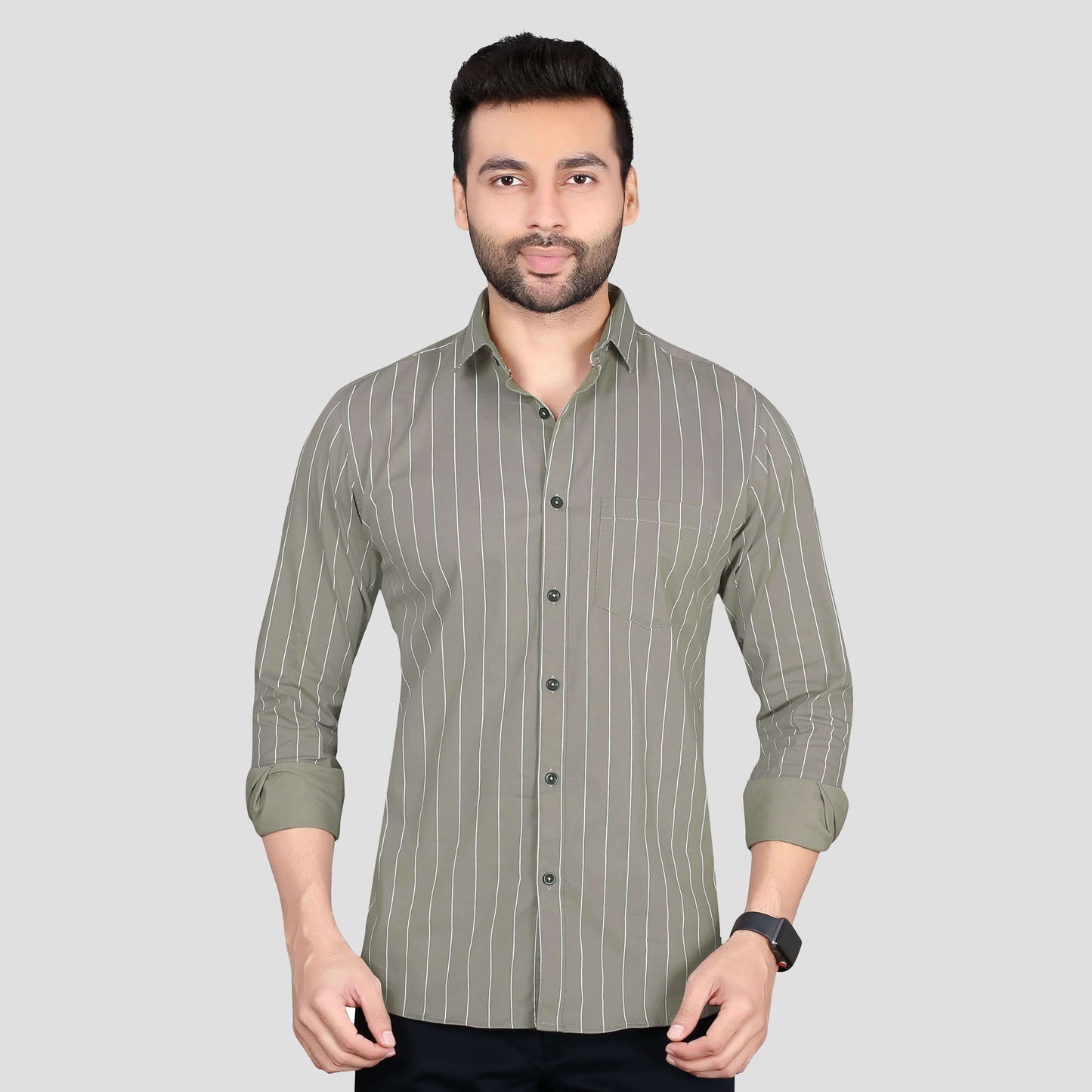 5thanfold Men's Casual Pure Cotton Full Sleeve Striped Grey Slim Fit Shirt