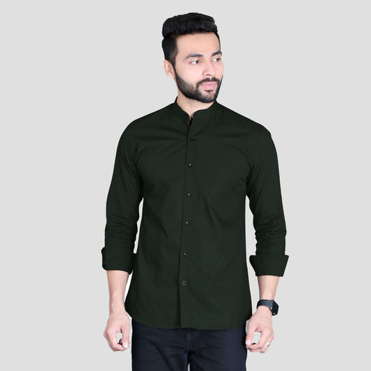5thanfold Men's Casual Green Full Sleeve Pure Cotton Mandarin Collar Shirt (No Pocket)