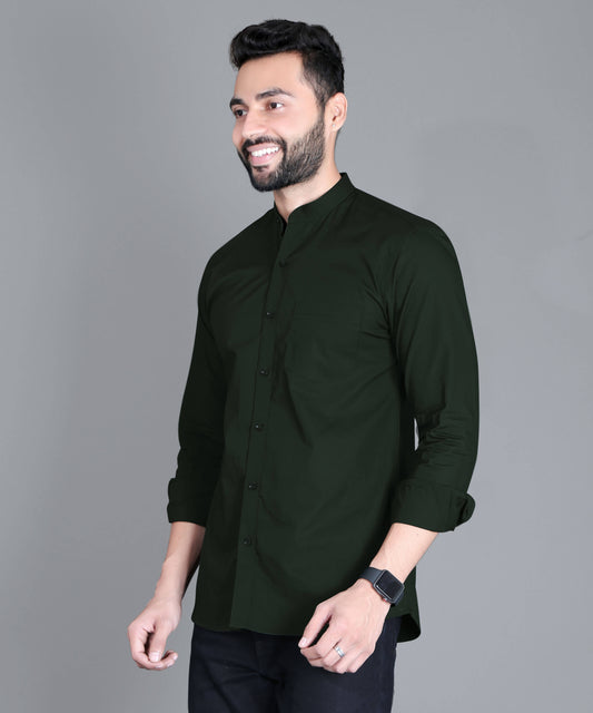 5thanfold Men's Casual Green Full Sleeve Pure Cotton Mandarin Collar Shirt (No Pocket)