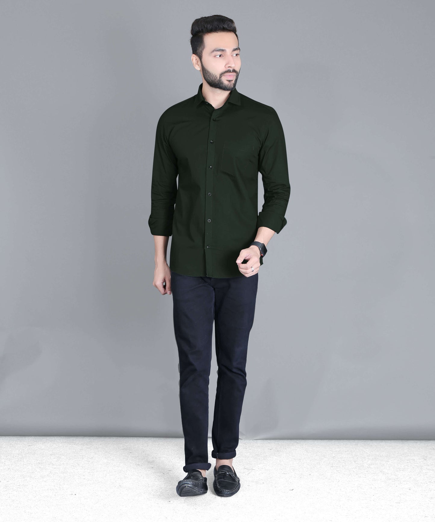 5thanfold Men's Casual Green Full Sleeve Pure Cotton Mandarin Collar Shirt (No Pocket)