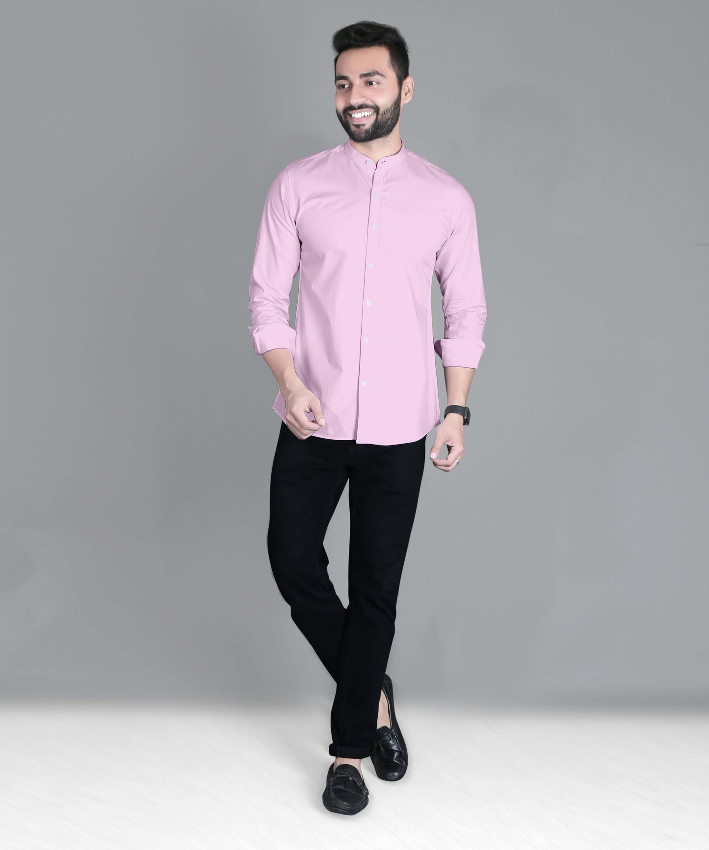 5thanfold Men's Casual Pink Full Sleeve Pure Cotton Mandarin Collar Shirt (No Pocket)