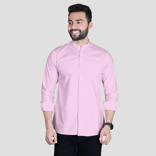 5thanfold Men's Casual Pink Full Sleeve Pure Cotton Mandarin Collar Shirt (No Pocket)
