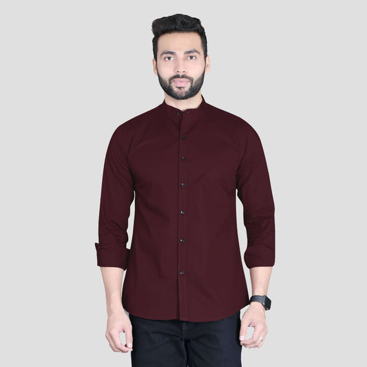 5thanfold Men's Casual Maroon Full Sleeve Pure Cotton Mandarin Collar Shirt (No Pocket)