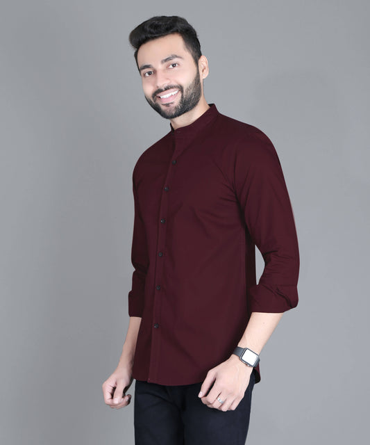 5thanfold Men's Casual Maroon Full Sleeve Pure Cotton Mandarin Collar Shirt (No Pocket)