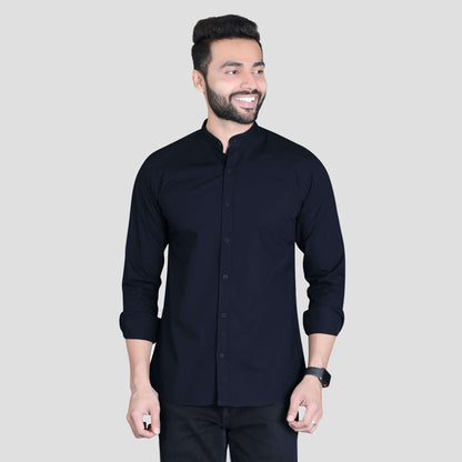 5thanfold Men's Casual Blue Full Sleeve Pure Cotton Mandarin Collar Shirt (No Pocket)