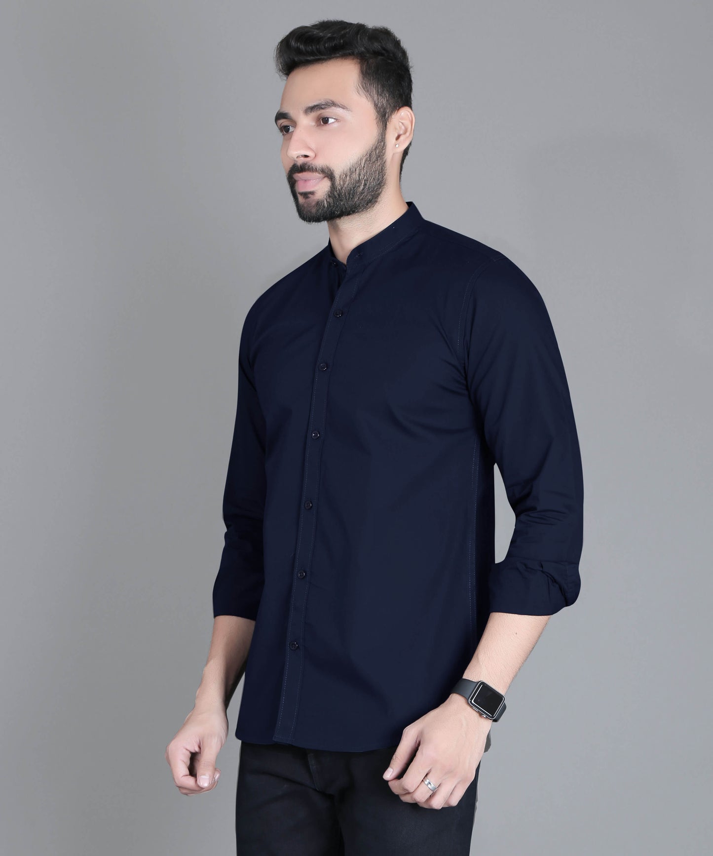 5thanfold Men's Casual Light Blue Full Sleeve Pure Cotton Mandarin Collar Shirt (No Pocket)