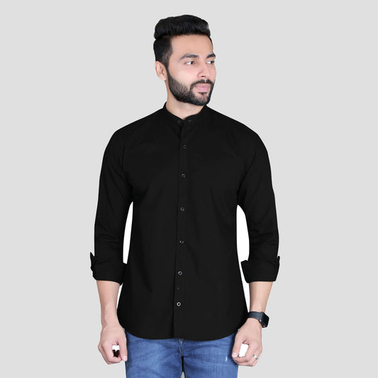 5thanfold Men's Casual Black Full Sleeve Pure Cotton Mandarin Collar Shirt (No Pocket)