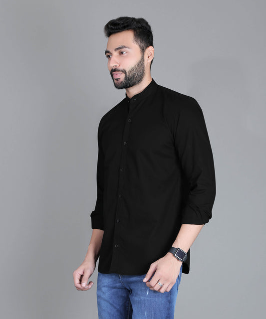 5thanfold Men's Casual Black Full Sleeve Pure Cotton Mandarin Collar Shirt (No Pocket)