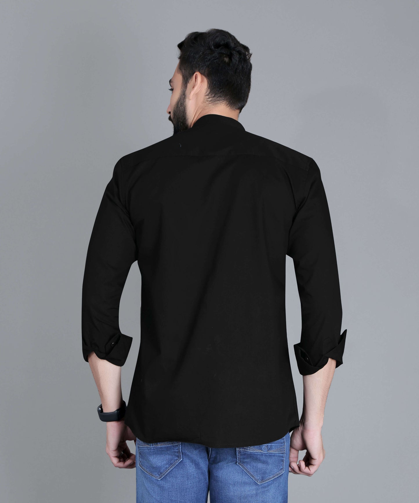 5thanfold Men's Casual Black Full Sleeve Pure Cotton Mandarin Collar Shirt (No Pocket)