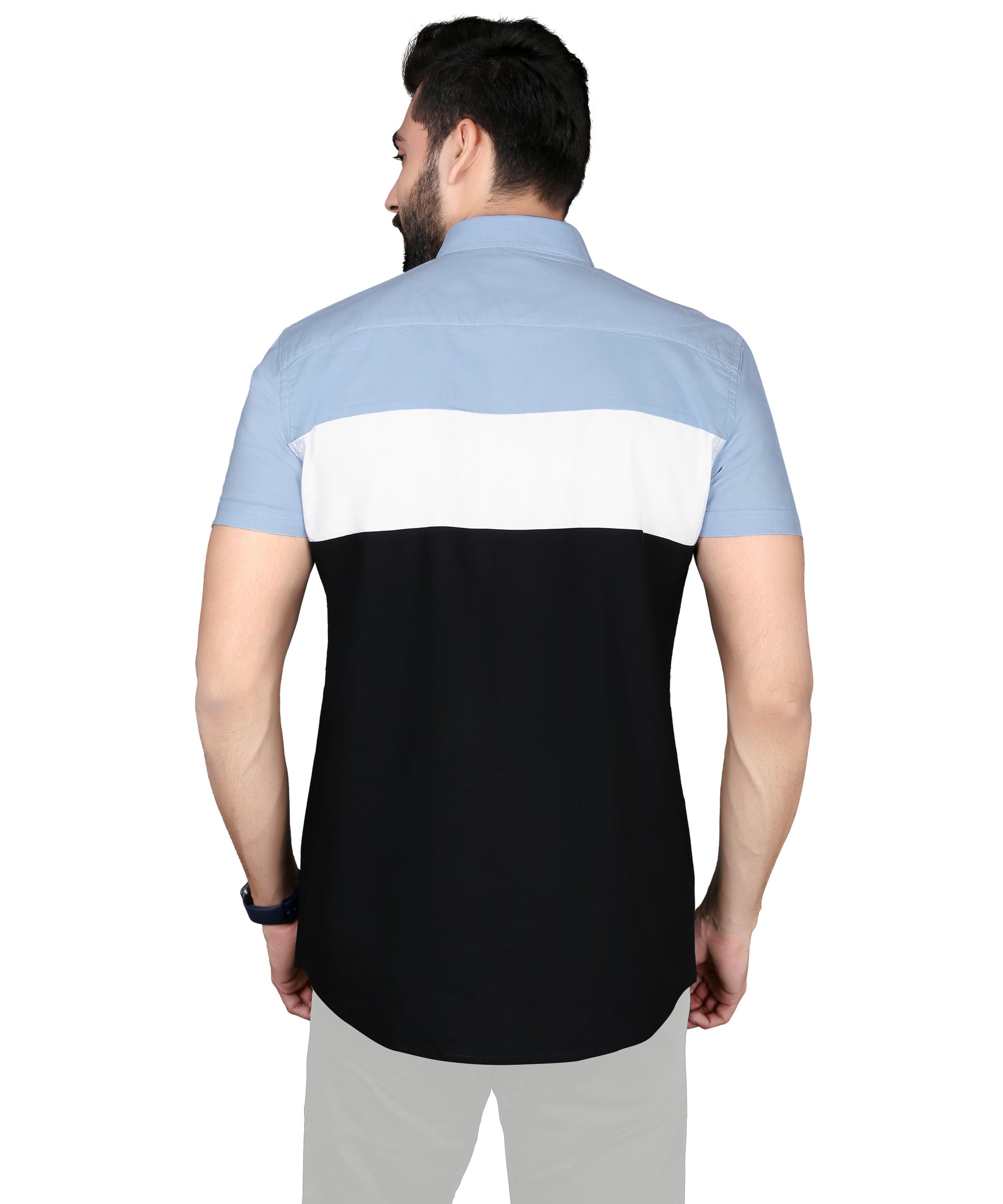 5thanfold Men's Formal Pure Cotton Half Pato Half Sleeve Dark Blue Slim Fit Shirt