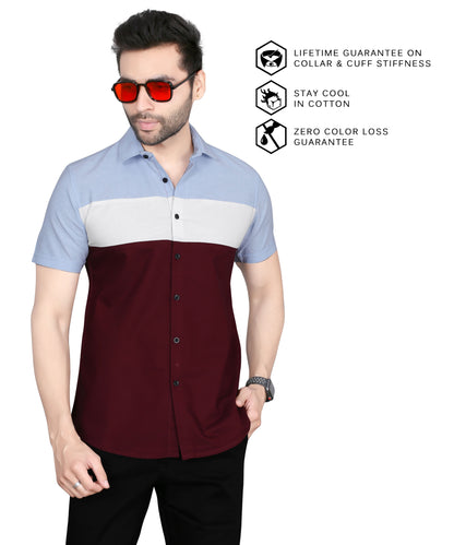 5thanfold Men's Formal Pure Cotton Half horizontal strip Half Sleeve Maroon  Slim Fit Shirt