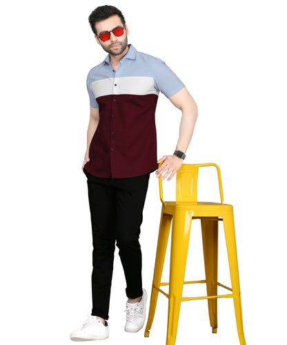 5thanfold Men's Formal Pure Cotton Half horizontal strip Half Sleeve Maroon  Slim Fit Shirt