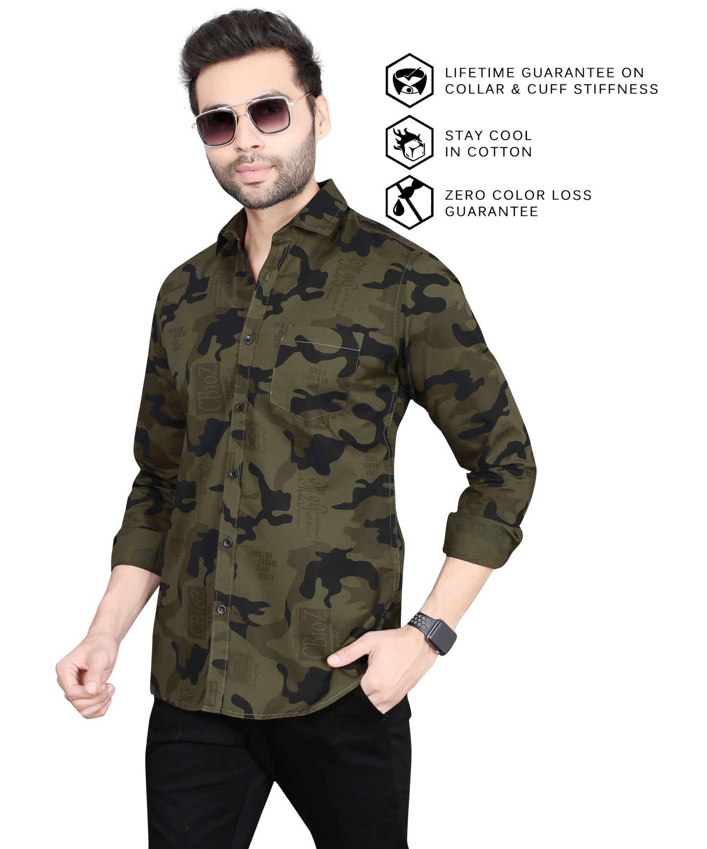 5thanfold Men's Casual Pure Cotton Full Sleeve Printed Green Slim Fit Shirt