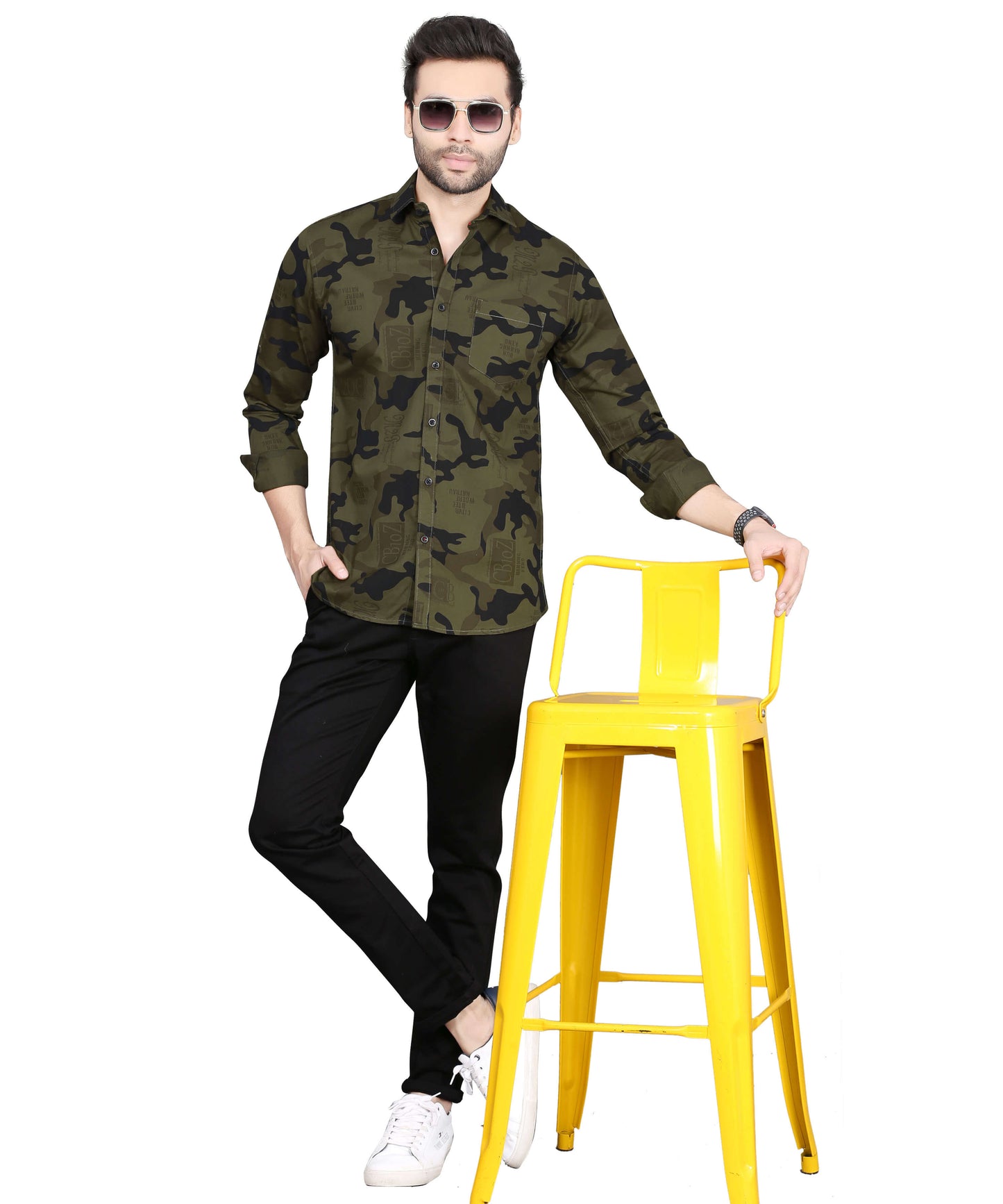 5thanfold Men's Casual Pure Cotton Full Sleeve Printed Green Slim Fit Shirt
