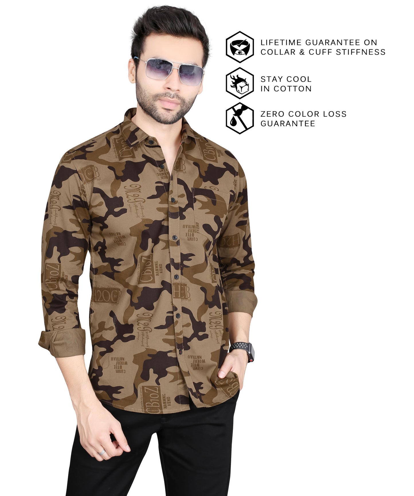 5thanfold Men's Casual Pure Cotton Full Sleeve Printed Brown Slim Fit Shirt