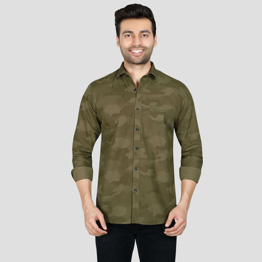 5thanfold Men's Casual Pure Cotton Full Sleeve Printed Khaki Slim Fit Shirt