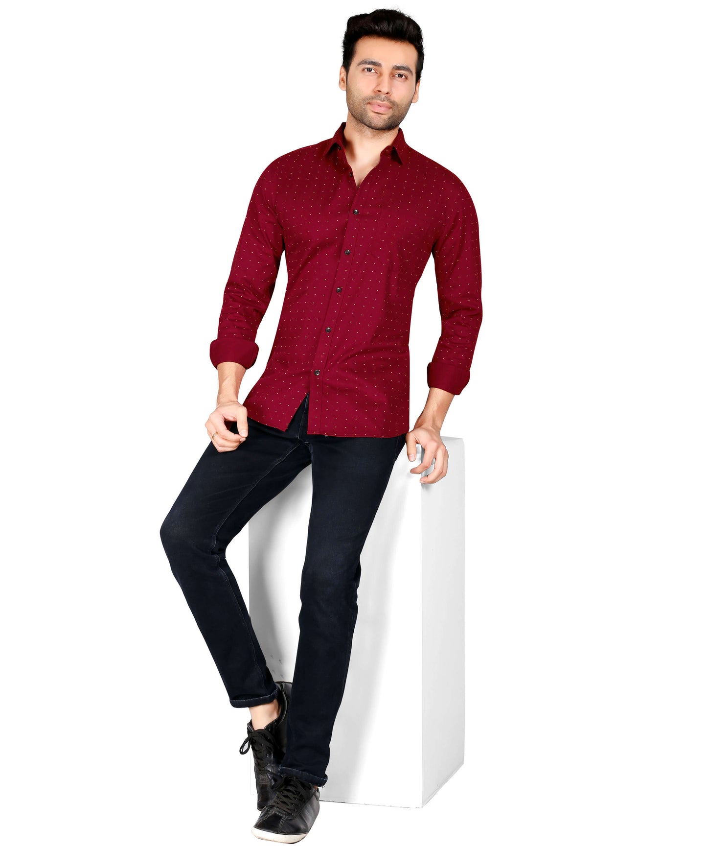 5thanfold Men's Casual Pure Cotton Full Sleeve Printed Red Slim Fit Shirt