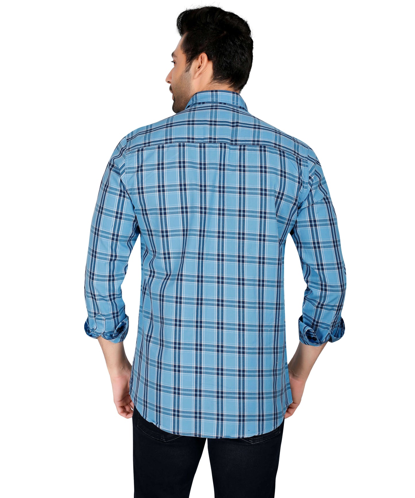 5thanfold Men's Casual Pure Cotton Full Sleeve Checkered Sky Blue Regular Fit Shirt
