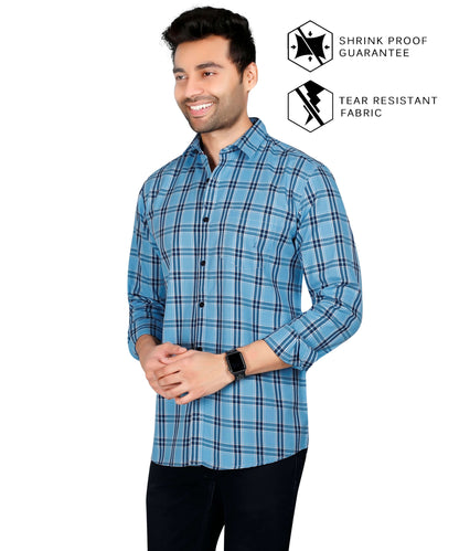 5thanfold Men's Casual Pure Cotton Full Sleeve Checkered Sky Blue Regular Fit Shirt