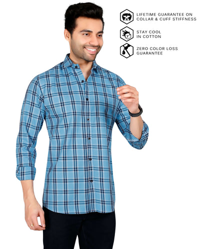 5thanfold Men's Casual Pure Cotton Full Sleeve Checkered Sky Blue Regular Fit Shirt