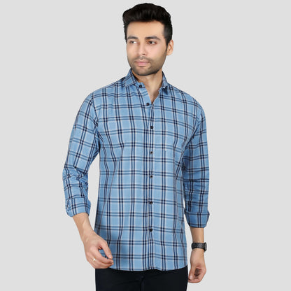 5thanfold Men's Casual Pure Cotton Full Sleeve Checkered Sky Blue Regular Fit Shirt