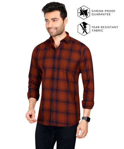 5thanfold Men's Casual Pure Cotton Full Sleeve Checkered Red Regular Fit Shirt