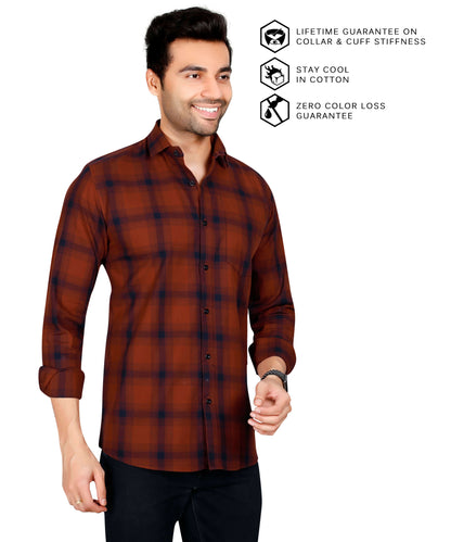 5thanfold Men's Casual Pure Cotton Full Sleeve Checkered Red Regular Fit Shirt