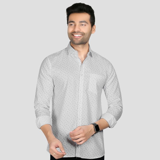 5thanfold Men's Casual Pure Cotton Full Sleeve Printed White Slim Fit Shirt