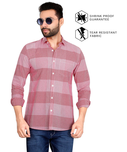 5thanfold Men's Casual Pure Cotton Full Sleeve Checkered Red Regular Fit Shirt