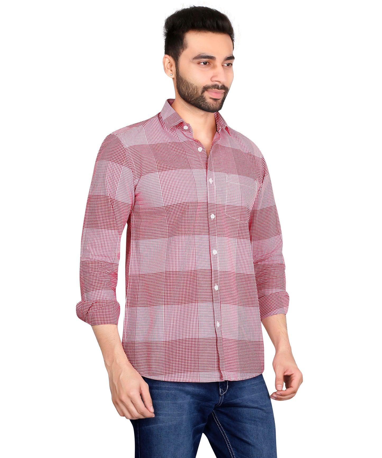5thanfold Men's Casual Pure Cotton Full Sleeve Checkered Red Regular Fit Shirt