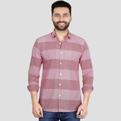 5thanfold Men's Casual Pure Cotton Full Sleeve Checkered Red Regular Fit Shirt