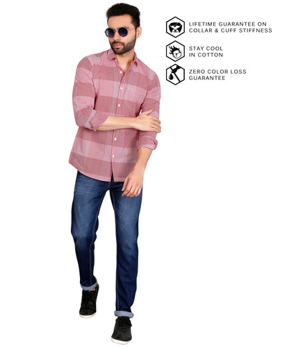 5thanfold Men's Casual Pure Cotton Full Sleeve Checkered Red Regular Fit Shirt