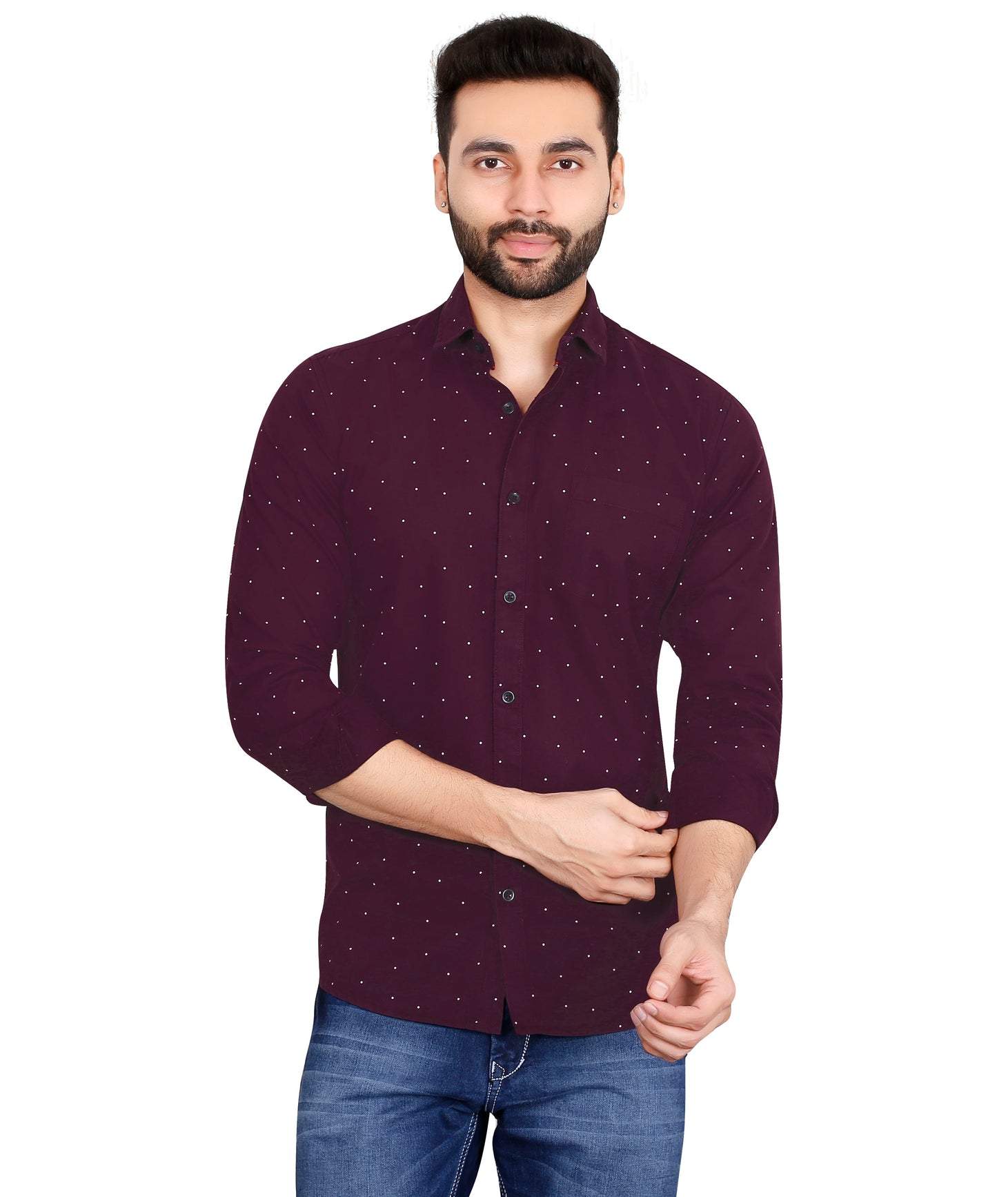 5thanfold Men's Casual Pure Cotton Full Sleeve Printed Maroon Slim Fit Shirt