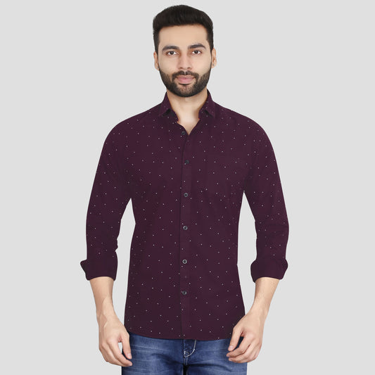 5thanfold Men's Casual Pure Cotton Full Sleeve Printed Maroon Slim Fit Shirt