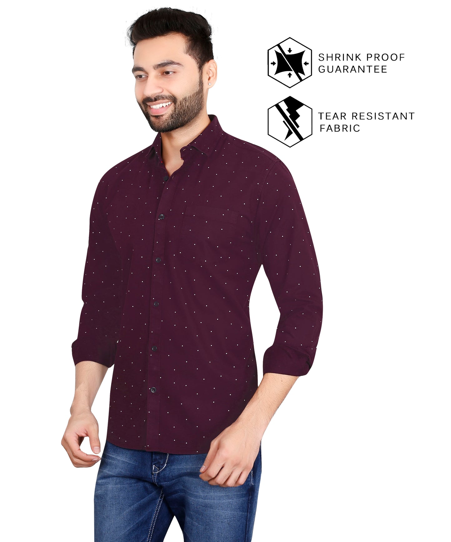 5thanfold Men's Casual Pure Cotton Full Sleeve Printed Maroon Slim Fit Shirt