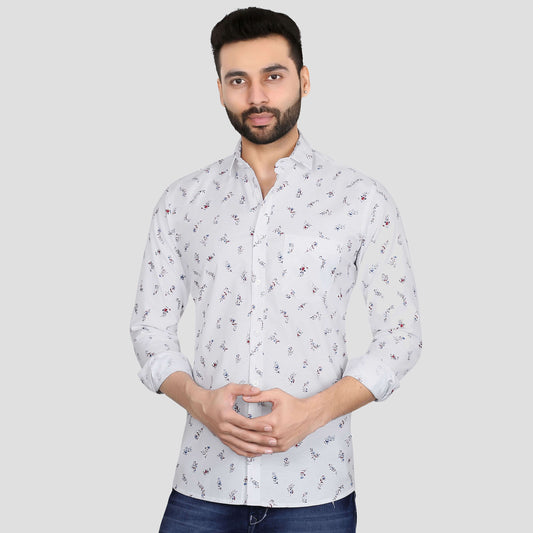 5thanfold Men's Casual Pure Cotton Full Sleeve Printed White Slim Fit Shirt