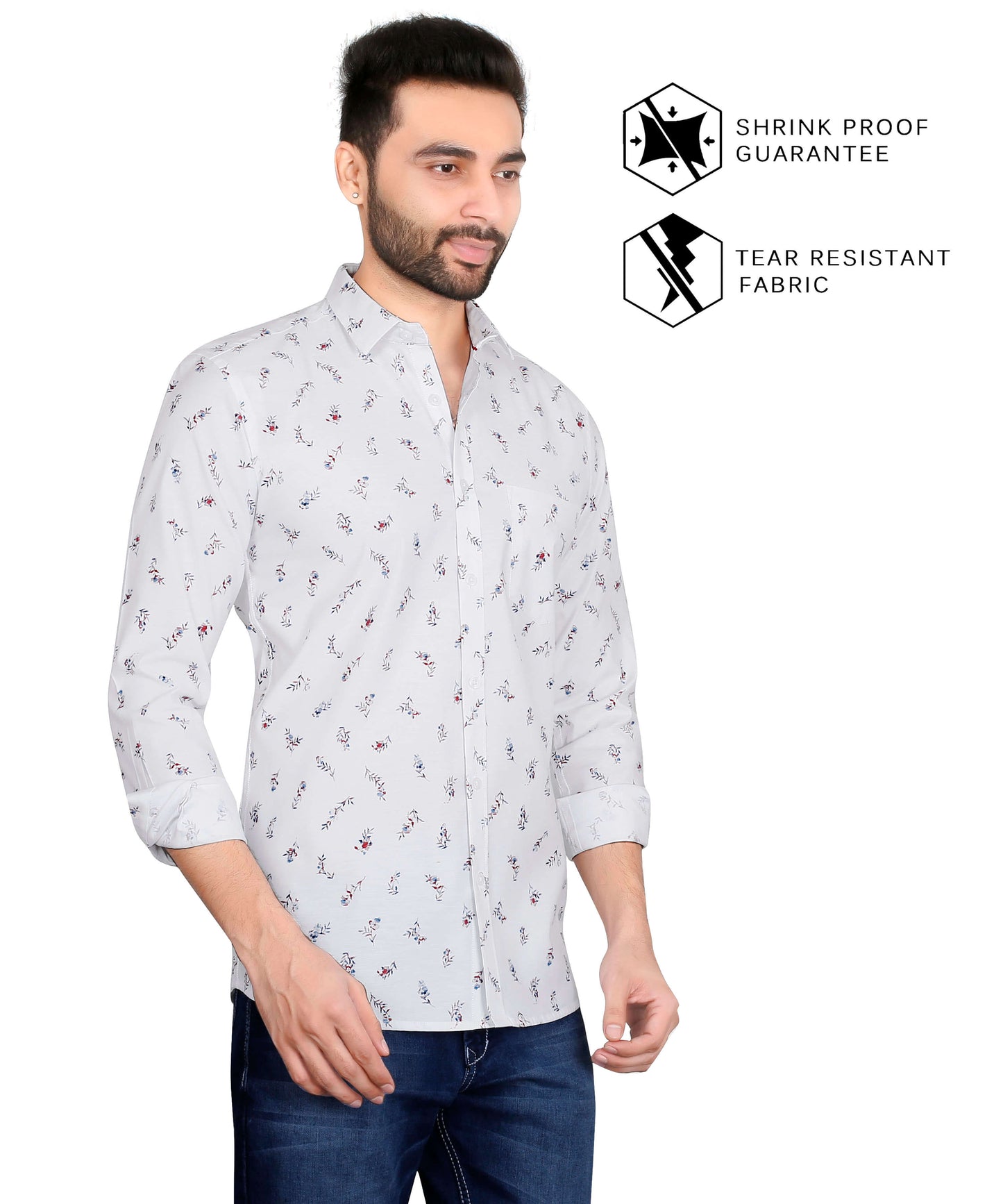 5thanfold Men's Casual Pure Cotton Full Sleeve Printed White Slim Fit Shirt