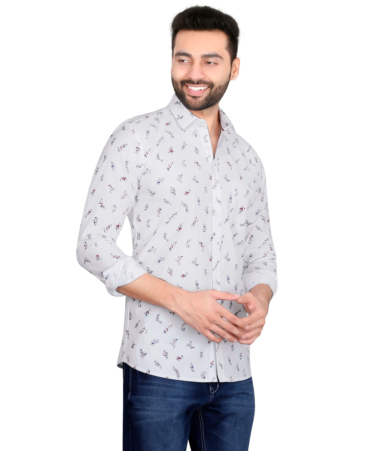 5thanfold Men's Casual Pure Cotton Full Sleeve Printed White Slim Fit Shirt