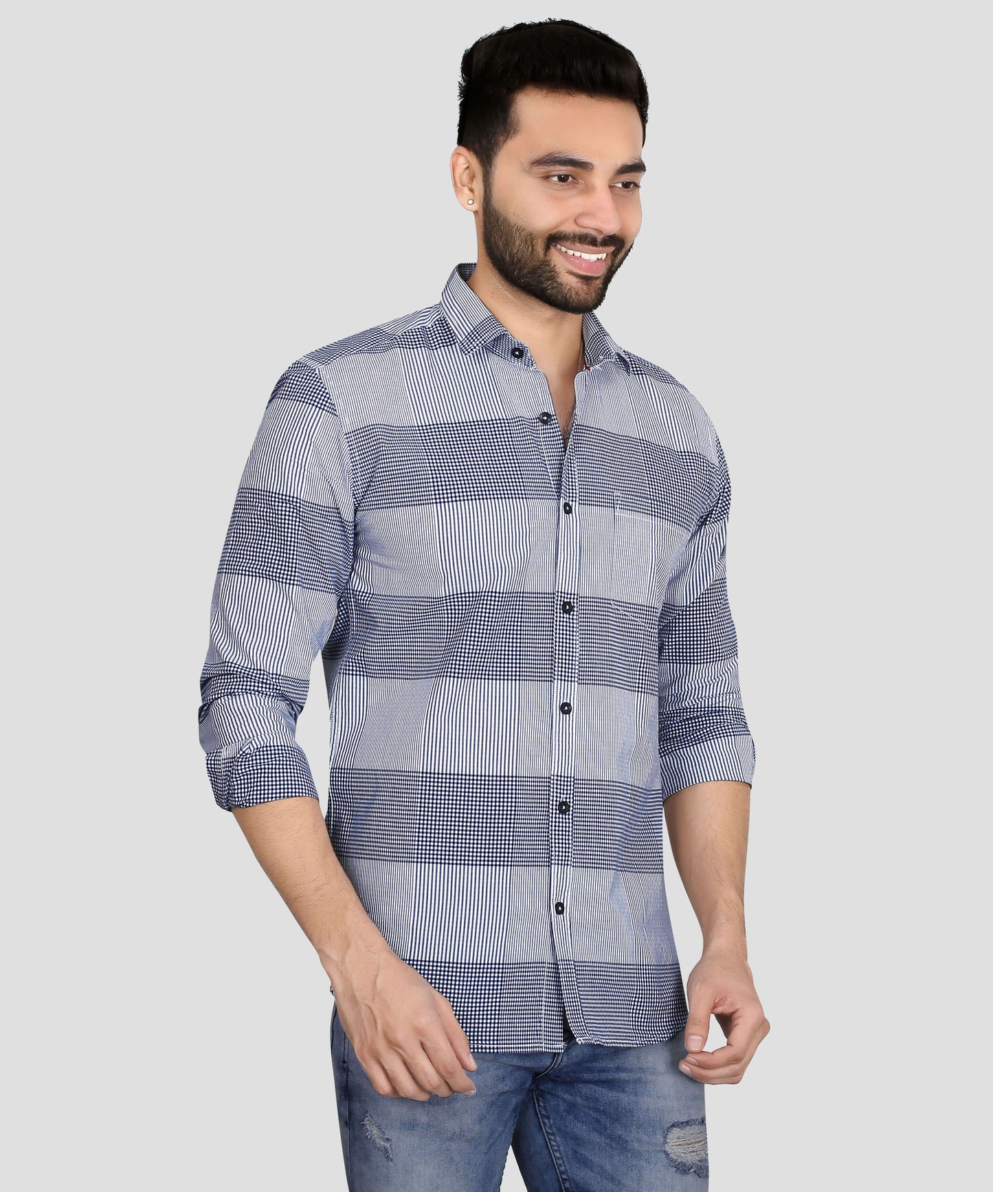 5thanfold Men's Casual Pure Cotton Full Sleeve Checkered Blue Regular Fit Shirt
