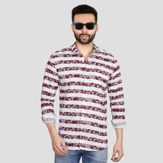 5thanfold Men's Casual Pure Cotton Full Sleeve Printed Red Slim Fit Shirt