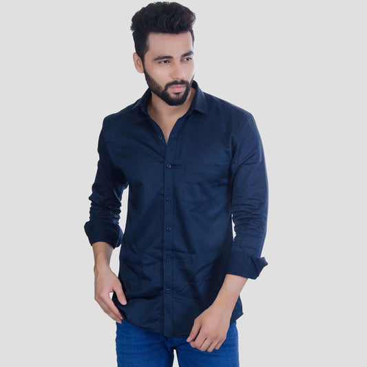 5thanfold Men's Casual Pure Cotton Full Sleeve Solid Navy Blue Slim Fit Shirt