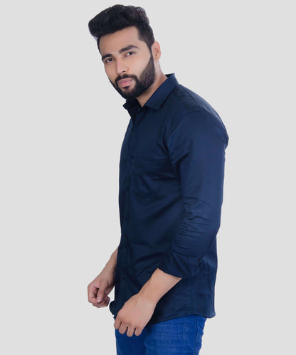 5thanfold Men's Casual Pure Cotton Full Sleeve Solid Navy Blue Slim Fit Shirt