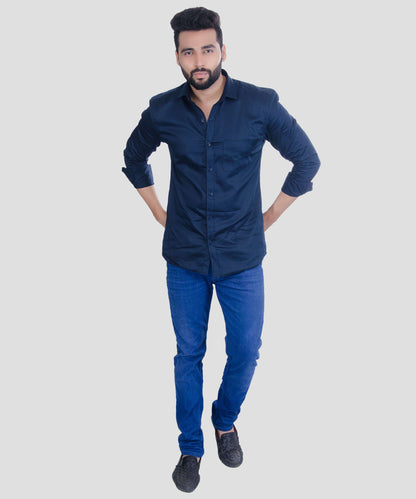 5thanfold Men's Casual Pure Cotton Full Sleeve Solid Navy Blue Slim Fit Shirt