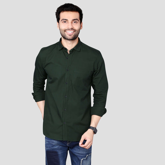5thanfold Men's Casual Pure Cotton Full Sleeve Solid Bottle Green Slim Fit Shirt