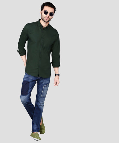 5thanfold Men's Casual Pure Cotton Full Sleeve Solid Bottle Green Slim Fit Shirt