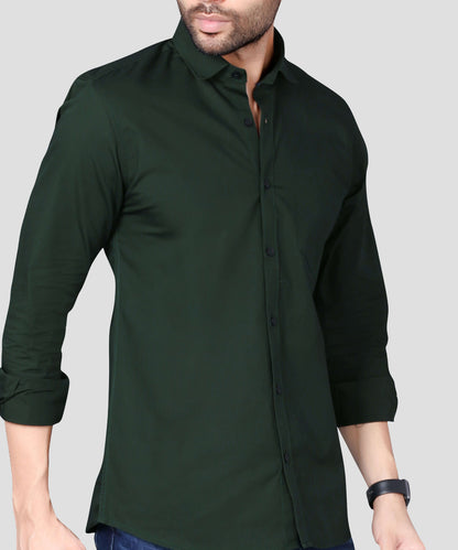 5thanfold Men's Casual Pure Cotton Full Sleeve Solid Bottle Green Slim Fit Shirt