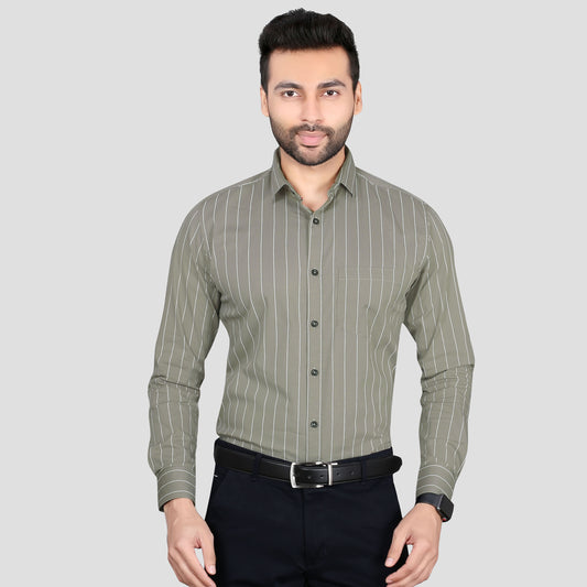 5thanfold Men's Formal Pure Cotton Full Sleeve Striped Grey Slim Fit Shirt