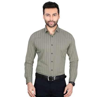 5thanfold Men's Formal Pure Cotton Full Sleeve Striped Grey Slim Fit Shirt