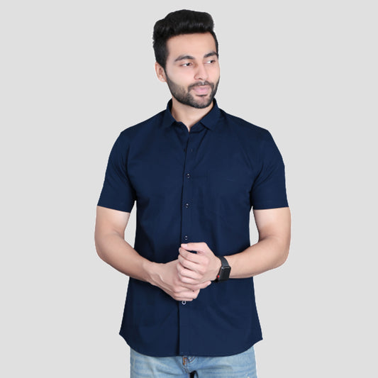 5thanfold Men's Casual Pure Cotton Half Sleeve Solid Navy Blue Slim Fit Shirt