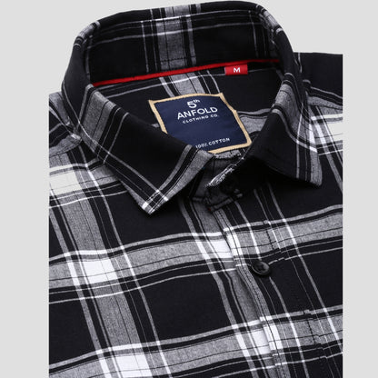 5thanfold Men's Formal Pure Cotton Full Sleeve Checkered Black Slim Fit Shirt